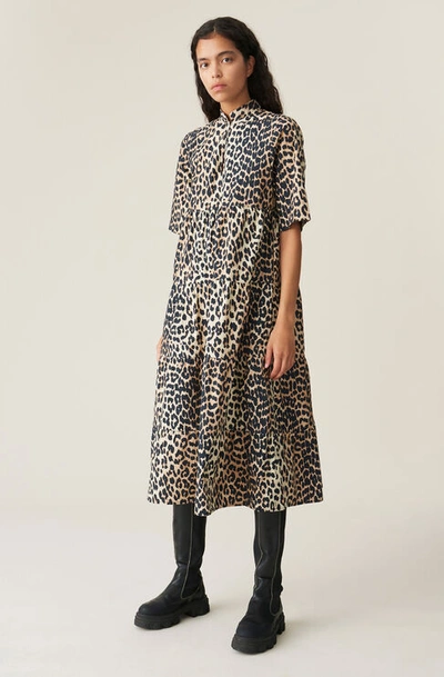 Shop Ganni Printed Cotton Poplin Midi Dress In Leopard