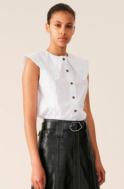 Shop Ganni Sleeveless Cotton Poplin Sleeveless Frill Collar Shirt In Bright White