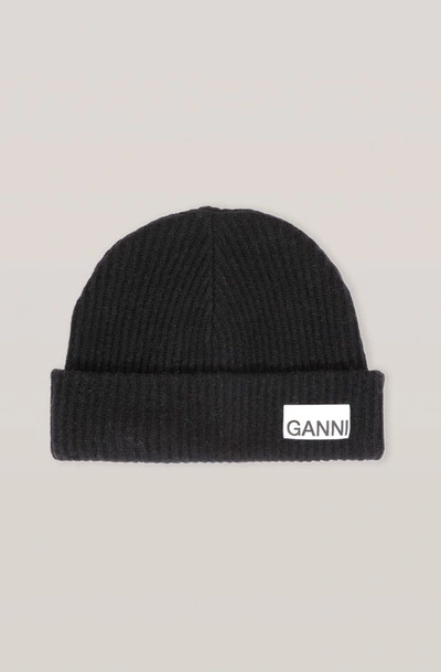Shop Ganni Recycled Wool Knit Hat Black One Size