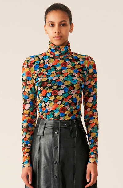 Shop Ganni Printed Mesh Rollneck In Multicolour