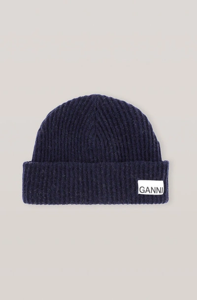 Shop Ganni Recycled Wool Knit Hat In Navy In Sky Captain