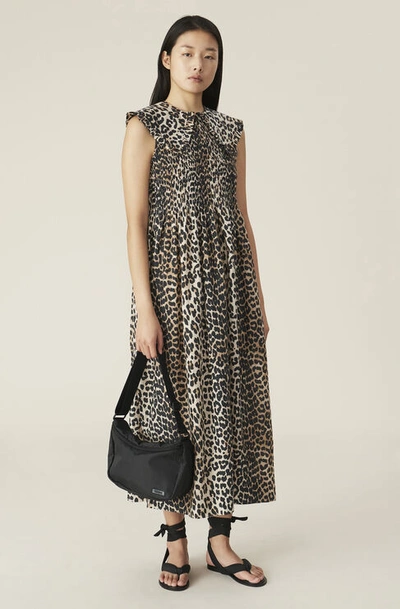 Shop Ganni Cotton Silk Smock Dress In Leopard