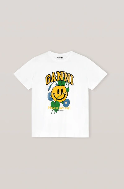 Shop Ganni Short Sleeved Basic Cotton Jersey T-shirt, Smiley Flower, Bright White In White