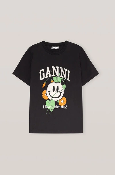 Shop Ganni Short Sleeved Basic Cotton Jersey T-shirt, Smiley Flower, Phantom In Phantom