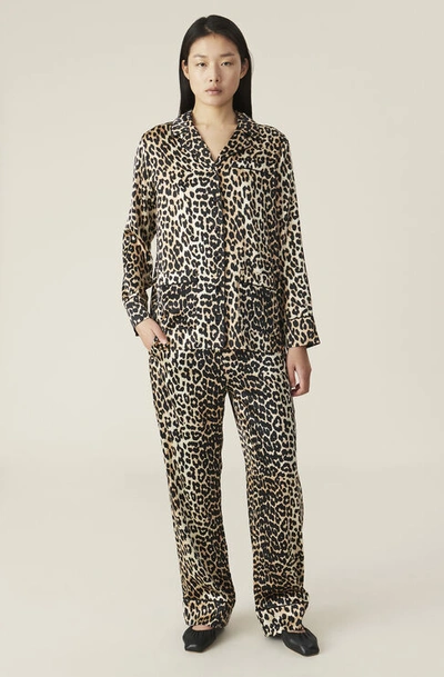 Shop Ganni Silk Stretch Satin Pants Leopard Size 34