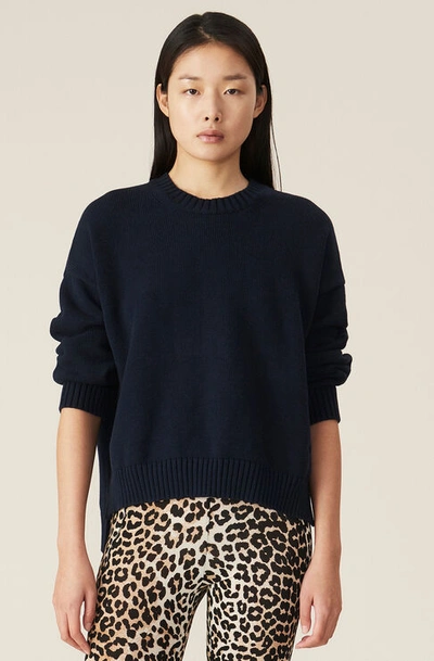 Shop Ganni Cotton Knit Oversized Pullover In Sky Captain