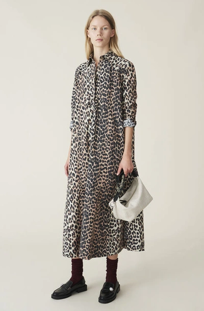 Shop Ganni Printed Cotton Poplin Maxi Dress Leopard Size 38