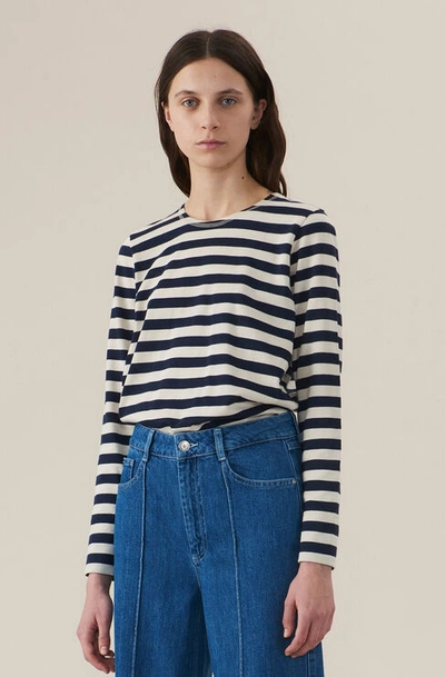 Shop Ganni Striped Cotton Jersey Pullover In Nature/dress Blues
