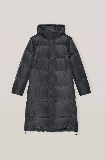 Shop Ganni Long Sleeved Tech Down Oversized Coat In Black