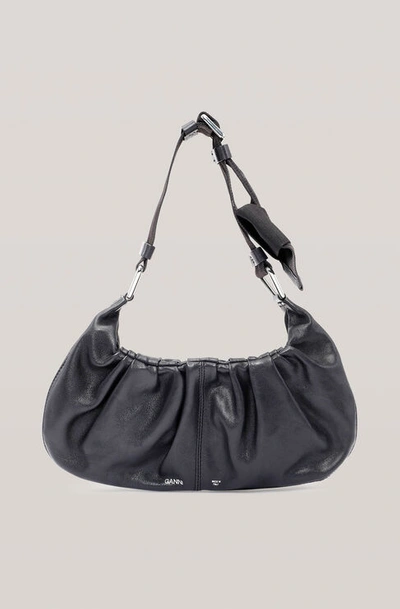 Shop Ganni Draped Leather Baguette Bag In Black