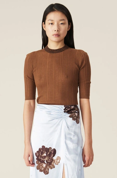 Shop Ganni Thin Cotton Rib T-shirt In Toffee