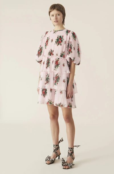 Shop Ganni Pleated Georgette Mini Dress Cherry Blossom Size 40