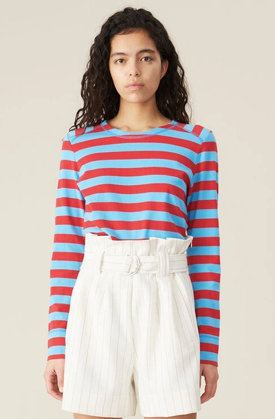 Shop Ganni Striped Cotton Jersey Pullover In Alaskan Blue