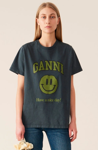 Shop Ganni Basic Cotton Jersey T-shirt, Smiley Phantom Size L