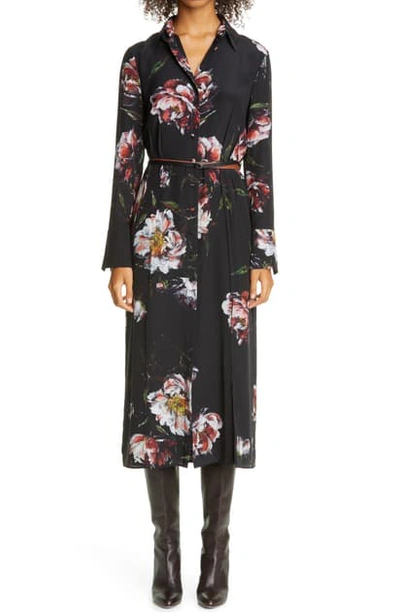 Shop Altuzarra Floral Print Silk Long Sleeve Belted Midi Shirtdress In Black Big Floral