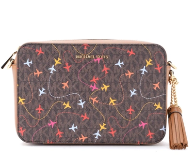 Jet Set Travel Shoulder Bag In Brown Leather With Airplane Print In Marrone