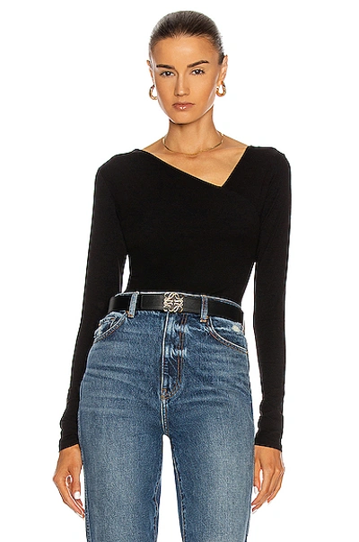 Shop Enza Costa Brushed Supima Cotton Asymmetrical Neck Long Sleeve Top In Black