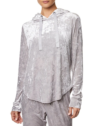 Shop Betsey Johnson Crushed Velvet Scallop Hem Hoodie In Quick Silver