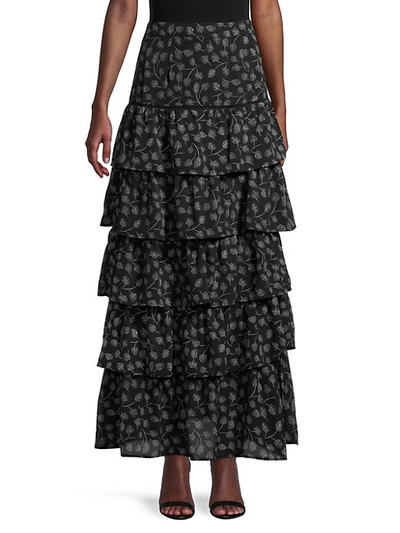 Shop Allison New York Feather-print Tiered Maxi Skirt In Black Floral