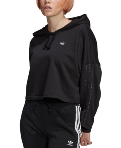 Shop Adidas Originals Women's Rhinestone 3-stripe Cropped Hoodie In Black
