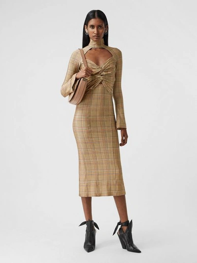 Shop Burberry Cut-out Check Stretch Jersey Dress In Dark Honey