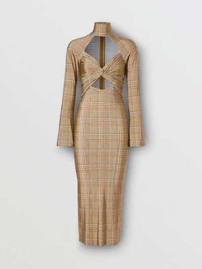 Shop Burberry Cut-out Check Stretch Jersey Dress In Dark Honey