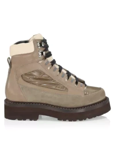 Shop Brunello Cucinelli Lug-sole Metallic Leather & Suede Hiking Boots In Ice