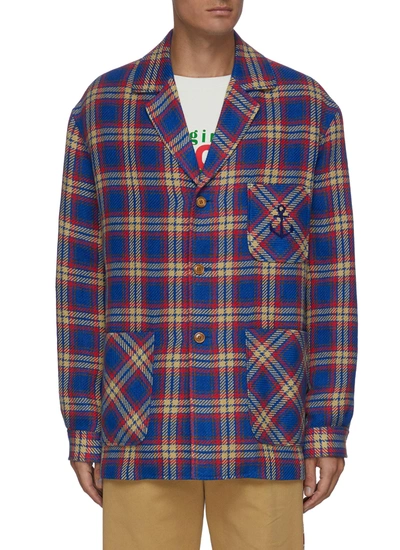 Shop Gucci Anchor Embroidered Check Blazer In Blue,multi-colour