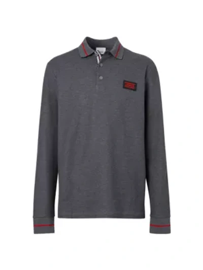 Shop Burberry Men's Grenford Long-sleeve Cotton Polo Shirt In Grey