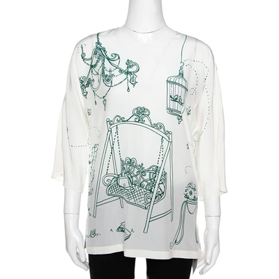 Pre-owned Dolce & Gabbana White Bird Cage Print Silk Blouse S