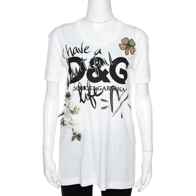 Pre-owned Dolce & Gabbana White Cotton 'beautiful Life' Floral Applique T-shirt Xs
