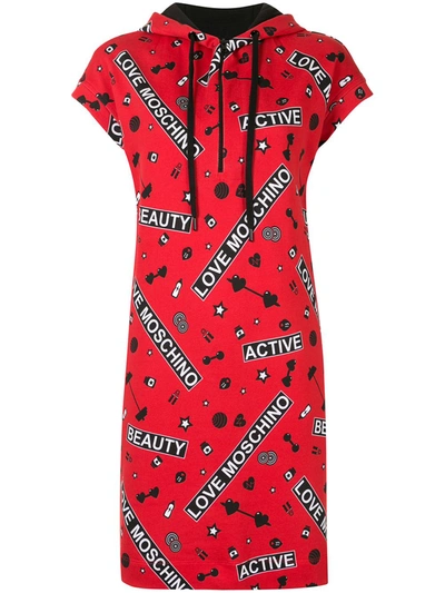 Shop Love Moschino Monogram Hooded Dress In Red