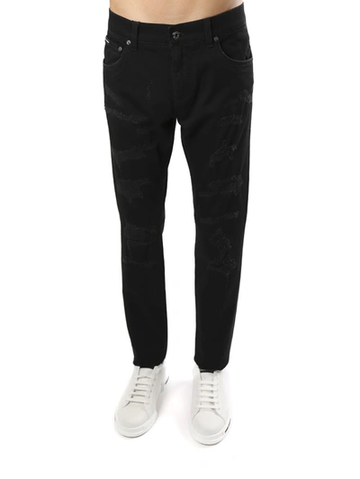 Shop Dolce & Gabbana Cotton Denim Jeans With Contrasting Logo In Black