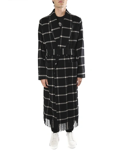 Shop Dolce & Gabbana Robe Coat With Check Pattern And Fringed Hem In Black