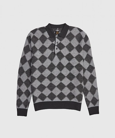 Shop Needles Checkered Polo Knitted Sweater In Grey