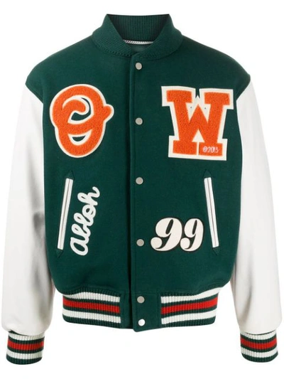 Pre-owned Off-white Leather Logo Patch Varsity Jacket Dark Green/orange