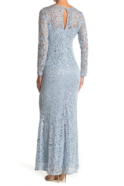 Shop Marina Sequin Lace Long Sleeve Gown In Light Blue