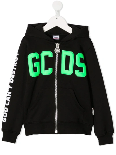 Gcds Rubberized Logo Cotton Sweatshirt Hoodie In Black
