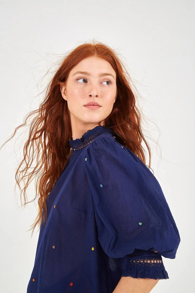 Shop Farm Rio Navy Embroidered Blouse In Multi