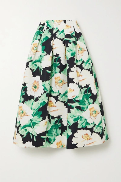 Shop Oscar De La Renta Pleated Floral-print Faille Midi Skirt In Green