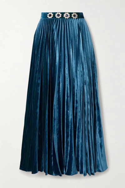 Shop Christopher Kane Crystal-embellished Pleated Velvet Midi Skirt In Blue