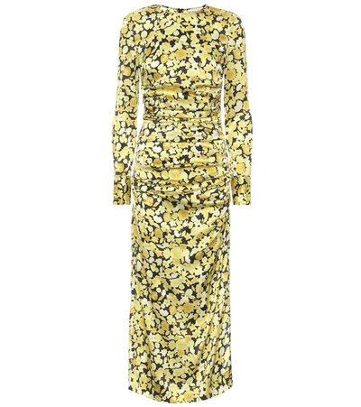 Shop Ganni Floral Stretch-silk Satin Midi Dress In Yellow