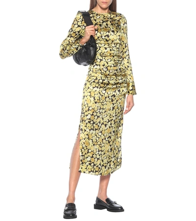 Shop Ganni Floral Stretch-silk Satin Midi Dress In Yellow