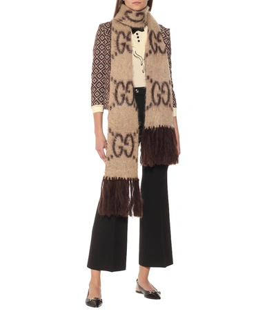 Shop Gucci Gg-jacquard Mohair-blend Scarf In Beige