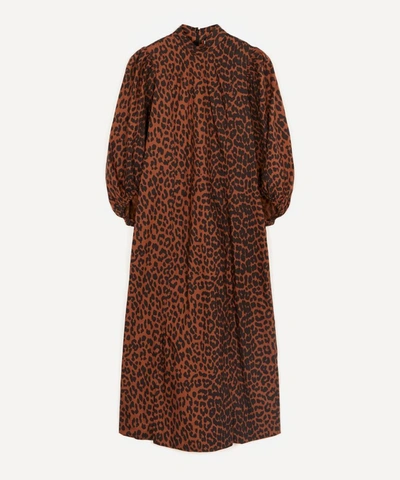 Shop Ganni High-neck Leopard Cotton-poplin Dress In Toffee