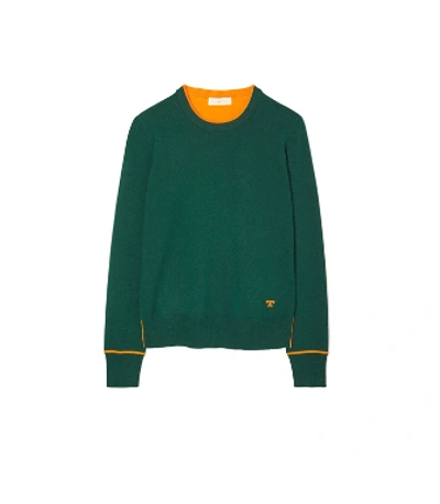 Shop Tory Burch Cashmere Pullover In Dark Green/vibrant Orange