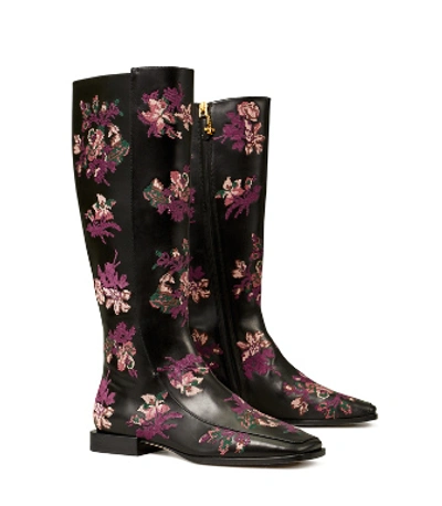 Shop Tory Burch Embroidered Square-toe Knee Boot In Perfect Black Multi