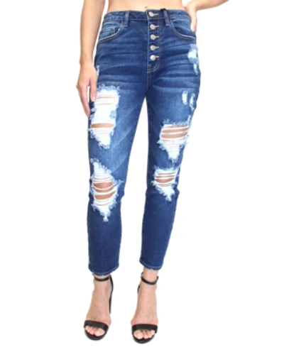 Shop Almost Famous Juniors' Button-fly Destructed High-rise Mom Jeans In Dark Wash