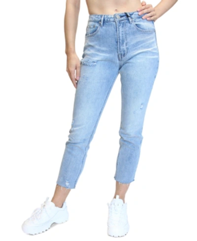 Shop Almost Famous Juniors' High-rise Raw-hem Mom Jeans In Medium Was