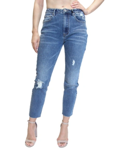 Shop Almost Famous Juniors' High-rise Raw-hem Mom Jeans In Dark Wash